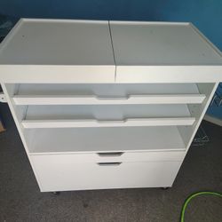 Rolling art supply cabinet with drawers.