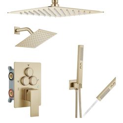 Aolemi Shower Faucet Set Ceiling Mount Shower System Rough-in Valve and Shower Trim Kit 2 in 1 Handheld Spray Push Button Diverter 10 and 6 Inch Dual 