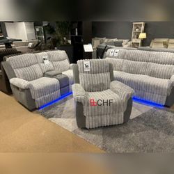 Manual Reclining 3 Piece Sofa Set With LED On Bottom  ( Sofa + Loveseat + Chair )