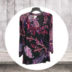 Chico’s Travelers Black Multicolor Floral Leaves Paisleys 3/4 Sleeve Shirt Women Medium (Chico’s 2)