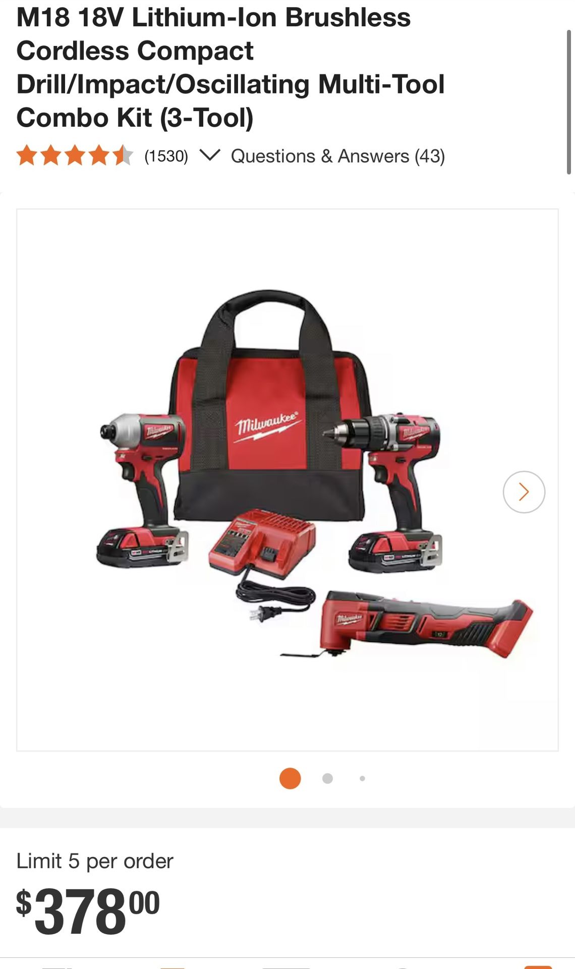 Milwaukee 2892-22CTM M18 18V Combo Kit (3-Tool) Retail $378