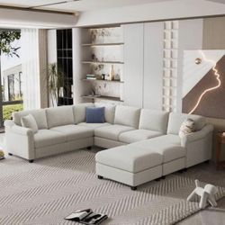 122 in. W Slope Arm 4-Piece U-Shaped Velvet Sectional Sofa in White with Ottoman