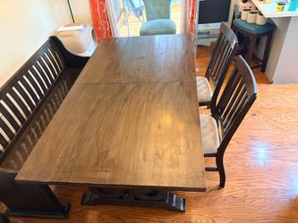 Large Extendable Dining Table Set – Up to 116” – Bench + 4 Chairs