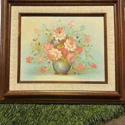 Vintage Robert Cox Original Oil Painting Floral Handcrafted Wooden frame