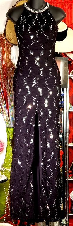 Luminous Raven Black Chantilly Lace Sequin Jeweled Collar Neckline Formal Size Small
