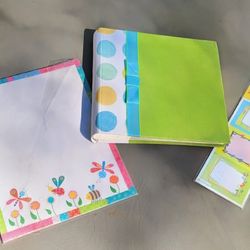 FABRIC COVERED PHOTO ALBUM, PAPER, LABELS - album Has 5 Of The Pages Written On- See Pic