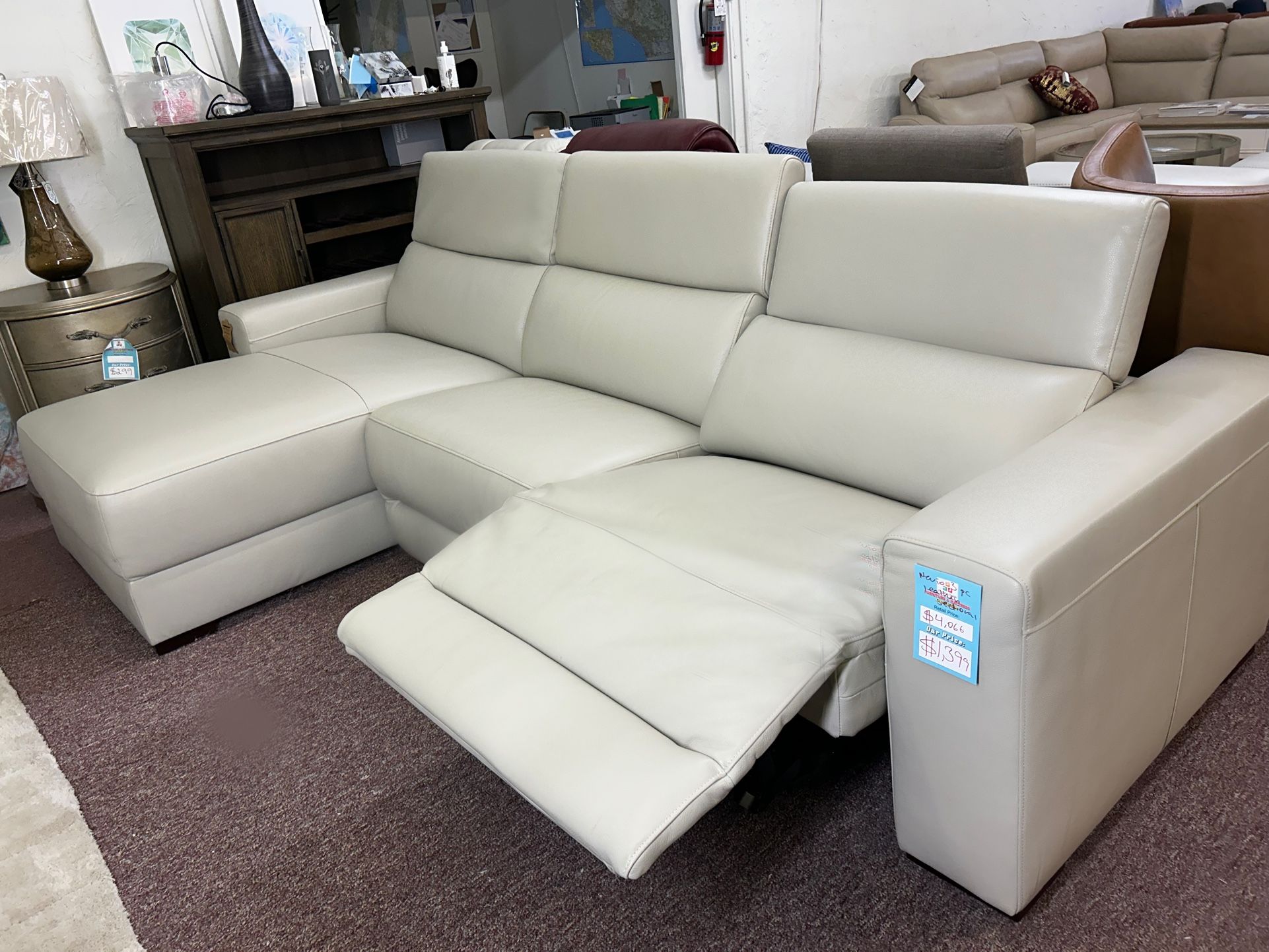 100% Real Leather 3 Pc Sectional With A Power Recliner And Chaise- Nevio