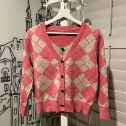 Valentines Day Gift Heart Buttons  Small size Cardigan Womens Aesthetic Pink Argyle Jacquard Knit 