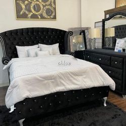 
■ASK DISCOUNT COUPOn♡ queen King full twin bed dresser mirror nightstand bunk mattress box/3pcs■dia Black Velvet Platform Bedroom Set 