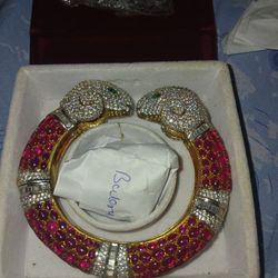 Rare 1960s Rome Cabochon Ruby And Cz Double Rams Head Bang Bracelet 925 Silver 