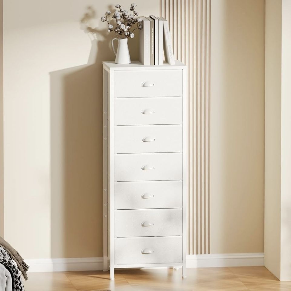 43" Dresser with 7 Drawers White Vertical Storage Tower Fabric Bedroom Closet Organizer Bedside