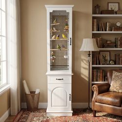 19.7 inches White Modern Tall Bird Cage with Storage Cabinet, Removable Tray and Wire Mesh