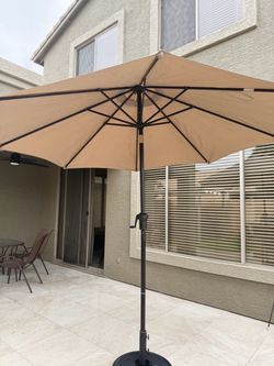 Large Outdoor Patio Umbrella – Beige/Tan – Crank Operated – Heavy Base Included