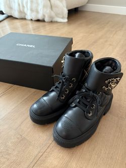 Chanel Lace Up Combat Boots Quilted Leather