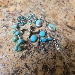 Turquoise  Sterling Earrings. 5 Pair Vintage