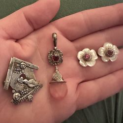 Sterling Jewelry Lot Designer Birdhouse Brooch Pink Quartz w Garnet Pendant & MOP Flower Earrings 