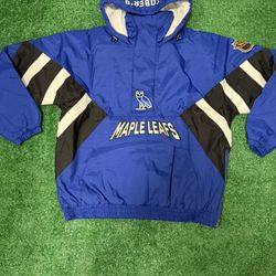 New Men's OVO x Starter Blue Toronto Maple Leafs Half-Zip Hooded Jacket SOLDOUT