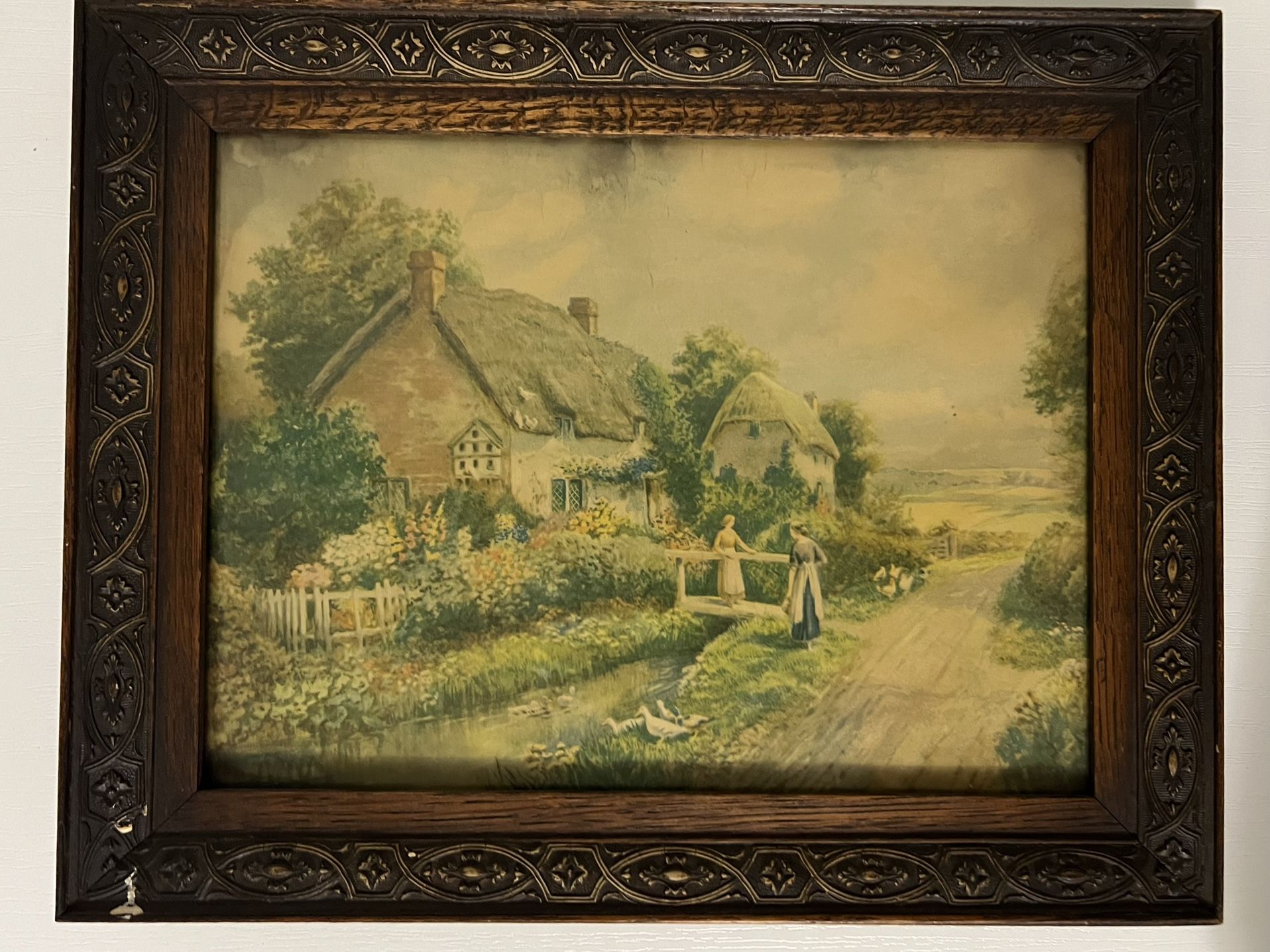 Vintage English Cottage Landscape – Framed Print (1930s–1940s)