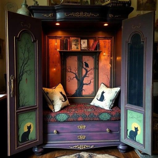 Custom Order Option: Antique Upcycled Armoire Reading Nook Adults & Kids Book Storage Study Area Witchy Cat Moon Fairy Lights Cushion Bench