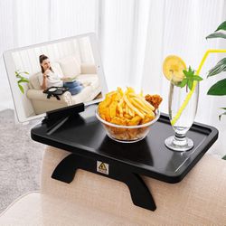 Sofa Armrest Tray,Clip On Couch Arm Table, Foldable Sofa Arm Tray with 360° Rotating Phone Holder and Stable Sofa Table for Eating and Drink, Black