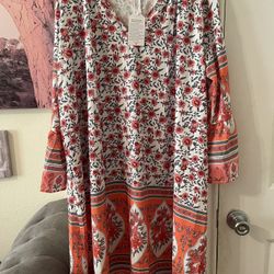 Plus Size Womens boho Floral Orange/white midi dress size XL NEW