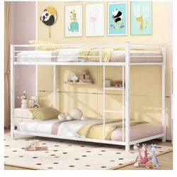 Gymax Twin Over Twin Low Metal Bunk Bed with Ladder Guardrails for Teens Adults White