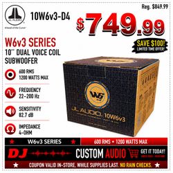 JL Audio W6 Bass Speaker 10" Dual Voice Coil W6v3 Series Subwoofer 1200 Watts 10W6v3 🚨 Payment Options Available 🚨 No Credit Needed 🚨