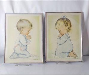 2 Vintage Framed Charlot Byi Prints A Childs Prayer Bless Us All Praying Boy And Girl Pictures.
