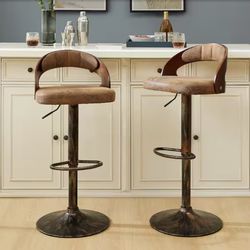 Bar Stools Set of 2, Counter Height Stool with Bentwood Back, Arm and Footrest, 24.8 in. Metal Swivel Barstools, Brown