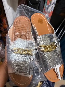 Silver Croc-Embossed Slide Sandals with Gold Chain