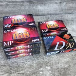 Lot of 8 Sealed Vintage Cassette Tapes - TDK Hi 8 MP 120 and a D90