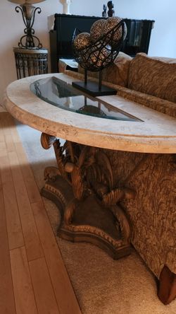 Half-Moon Console Sofa Table - Tessellated Stone Top, Glass, Ornate Base