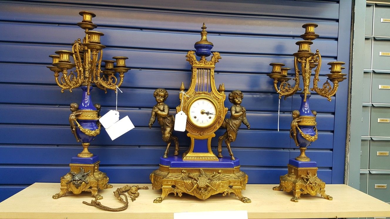 Imperial Brevettato Brass and Marble Mantle Clock and Candelabra Set