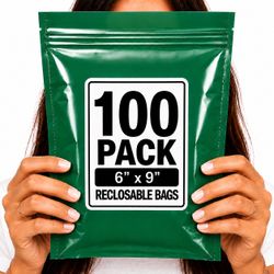RECLOSABLE GREEN BAGS (100 PACK) 6" X 9" 2 MIL ZIPPER STORAGE BAGS NEW