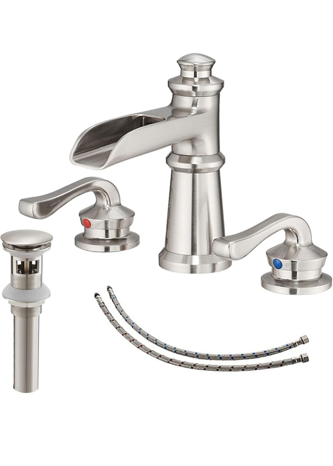 Open Box New Brushed Nickel Bathroom Faucet Waterfall for Sink 3 Hole Widespread Farmhouse Brush Wide Spread Mounted 8 Inch with Pop Up Drain with Ove
