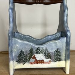 Vintage Hand-Painted Winter-Themed Cutlery and Napkin Caddy