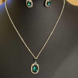 Faux Diamond Necklace & Earrings Emerald Green