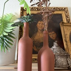 Set Of 2 Terra Cotta Painted Vintage Bottles With Dried Flowers And Faux Succulent 