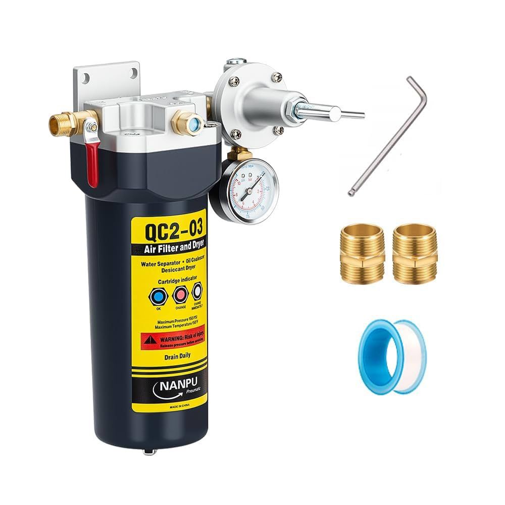 QC2 1/2" NPT Desiccant Air Dryer with Regulator and Gauge – Inline Moisture Filter for Air Compressor, 1/2" NPT Ball Valve, 120 CFM, 153 PSI – Ideal f