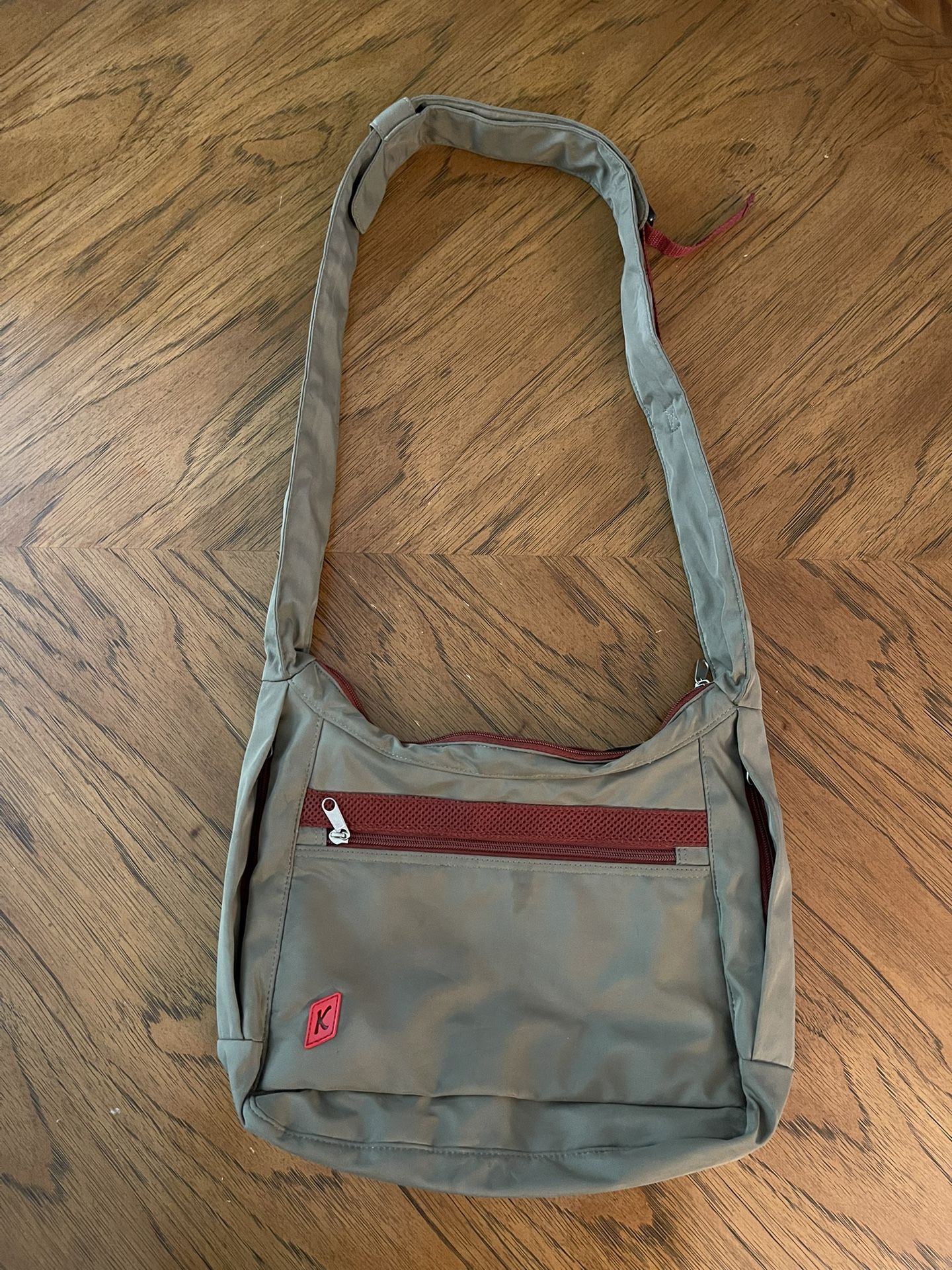 Army Green and Maroon Shoulder or Crossbody Bag with Several Pockets in Excellent Condition 