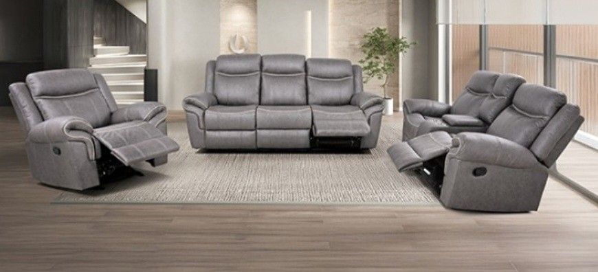Brand New Plush Grey Leather 3pc Reclining Sofa Set