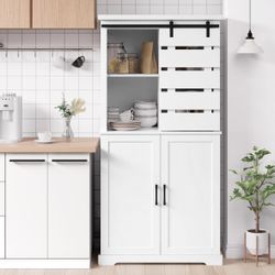 Tall Kitchen Pantry Cabinet Storage Cabinet With Sliding Door And Adjustable Shelves