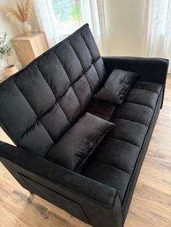 Black Velvet Convertible Sofa Bed – 3-in-1 Pull-Out Sleeper Loveseat