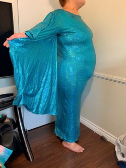 Turquoise Holographic Cape Sleeve Drag Gown | 24/26