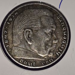 1938D Germany 2 Mark Hindenburg Silver .625 Coin