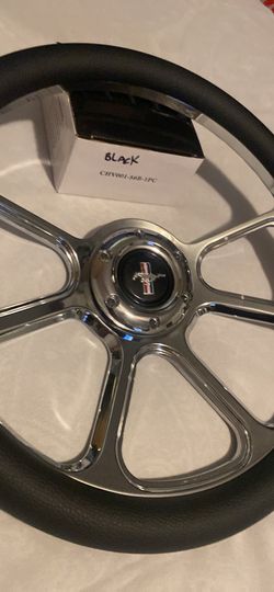 14 Inch Billet Wheel With Black Leather Wrap Comes With Mustang Logo Horn Button