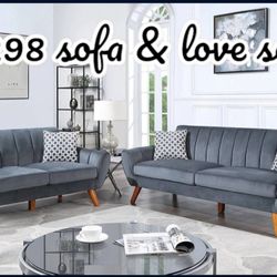 ✅️✅️2 pc dark grey velvet fabric mid century modern sofa and love seat set Langley street wooten✅️✅️
