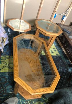 Coffee table, mirror, end table. Oak with deer etching in glass
