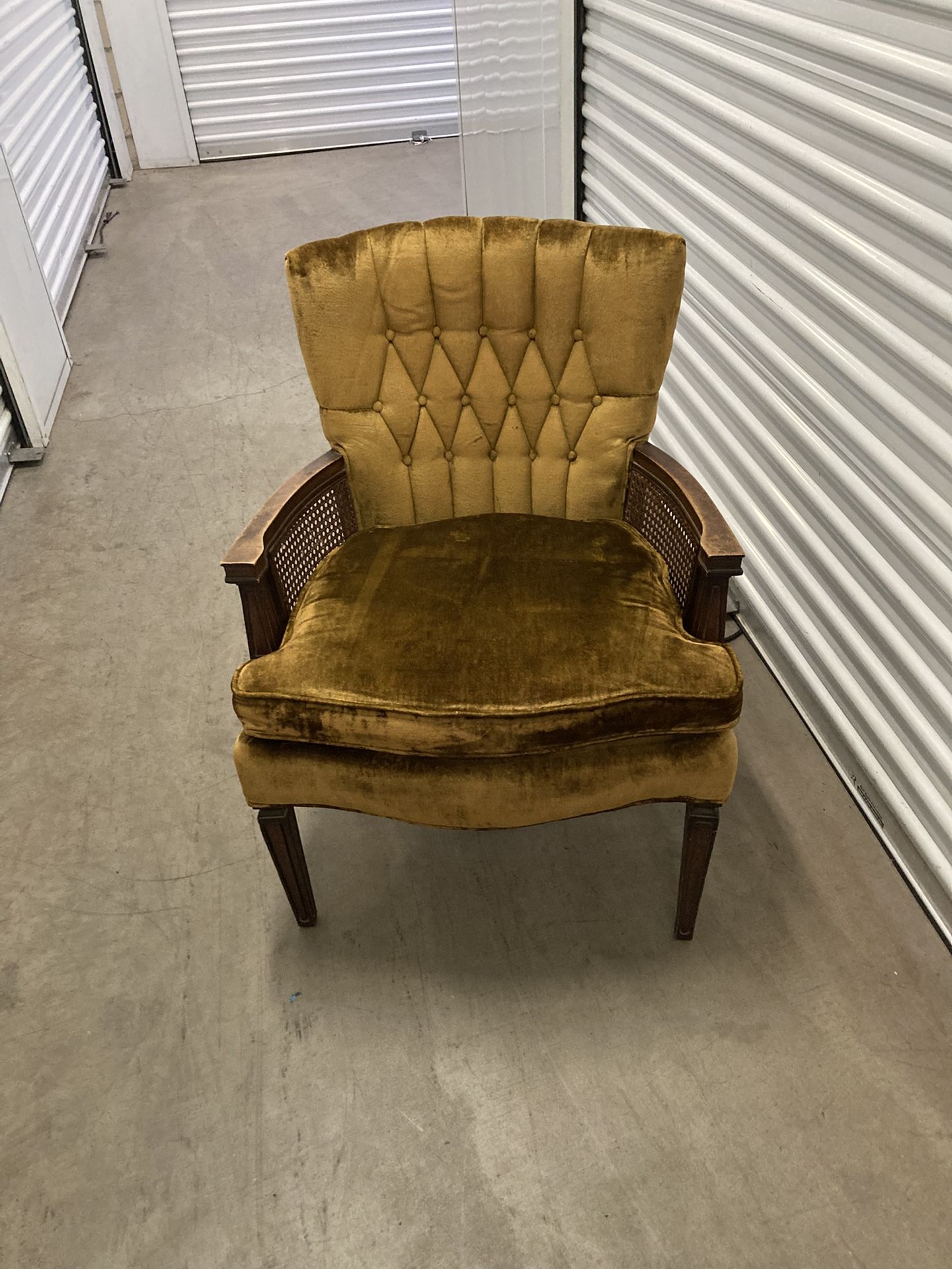 1970’s Vintage Crushed Velvet Green Tufted Cane Chair Mid Century Modern