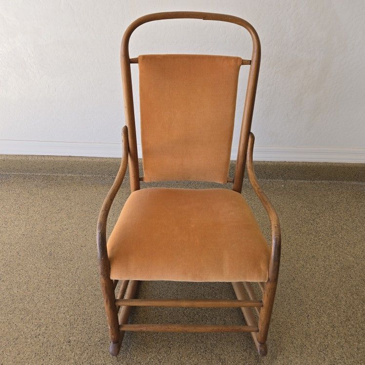 1970s Bentwood Rocking Chair Shaker Style Padded Gold Fabric Seat & Back Vintage